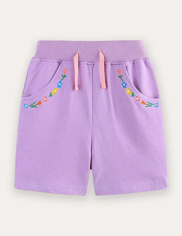 Flower Embroidered Cotton Shorts